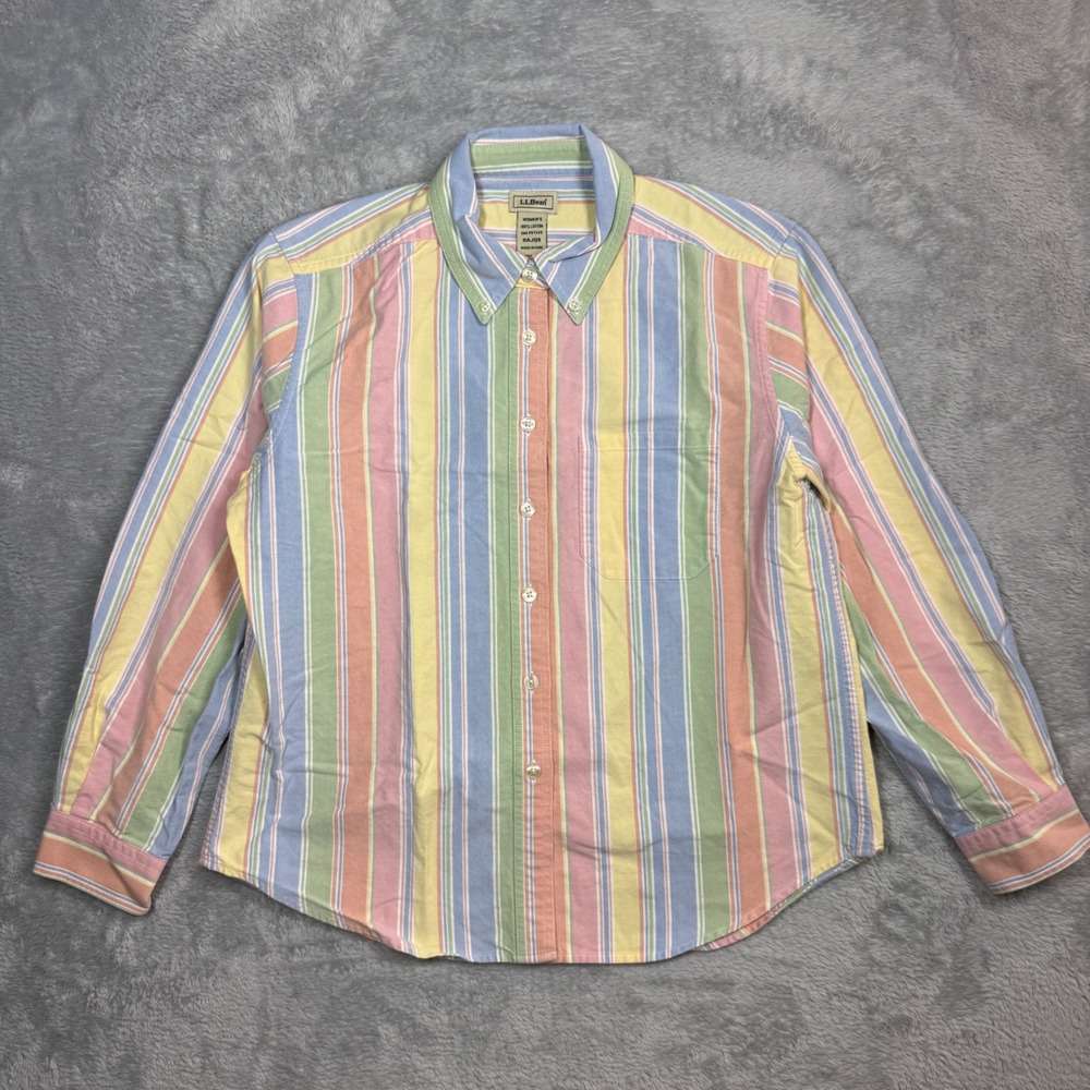 LL Bean Button Down Shirt Womens Small Petite Multi Pastel Striped 90s